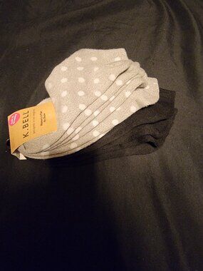 K. Bell Socks No Show Gray White Polka Dot Black 6 Pair 9-11 K Soft & Dreamy